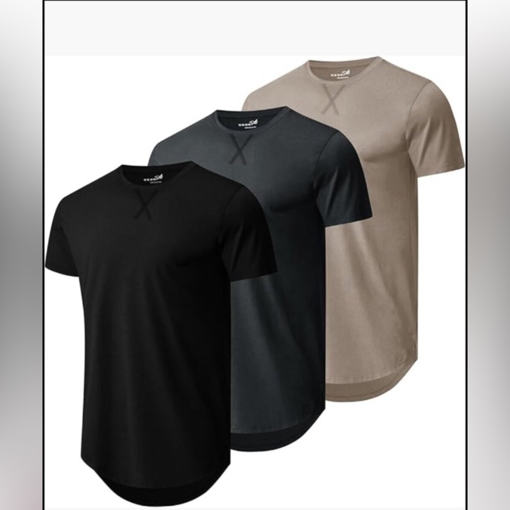 3 Pack Mens Longline Crew Neck T-Shirts Curved Hem Drop Cut Tees